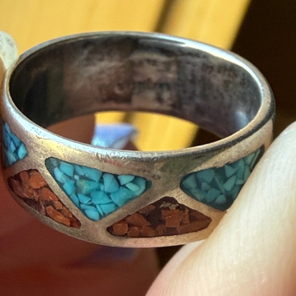 Turquoise and Red Inlay Sterling Ring - Picture 3 of 4